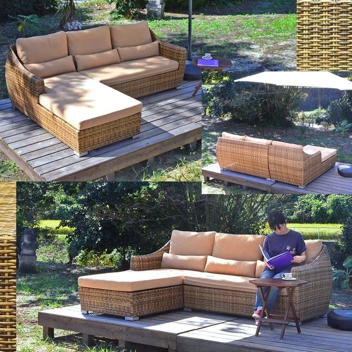 アジアン家具 人工ラタン コーナーカウチソファ L型 L字型