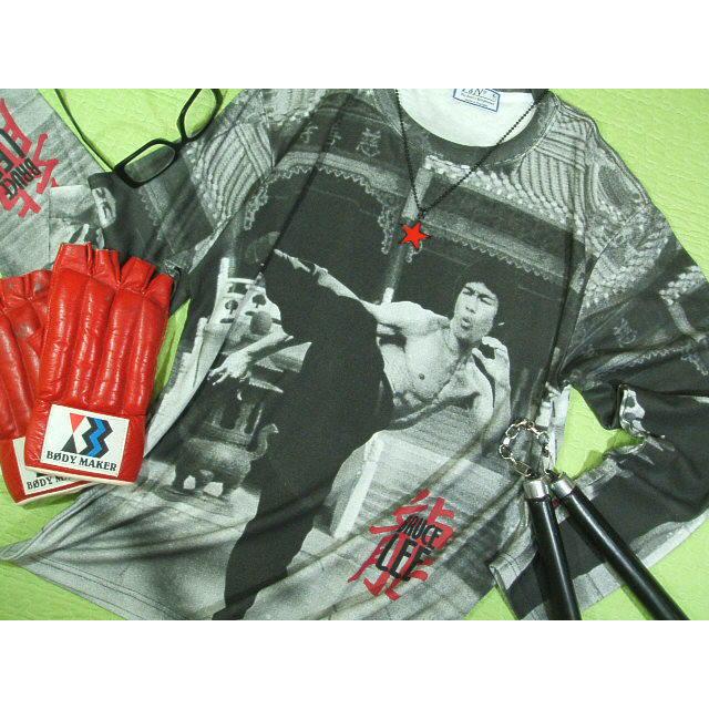 白黒迫力ブルースリー長袖Tシャツ【サイズ：M 】ブルースリーの長袖T 