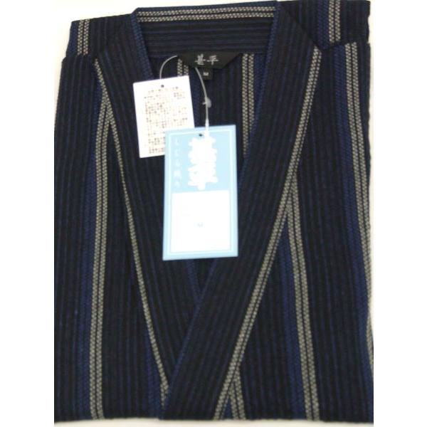 紳士 甚平しじら織 サイズM/L/LL/3L カラー：紺系 ストライプ ポケット 