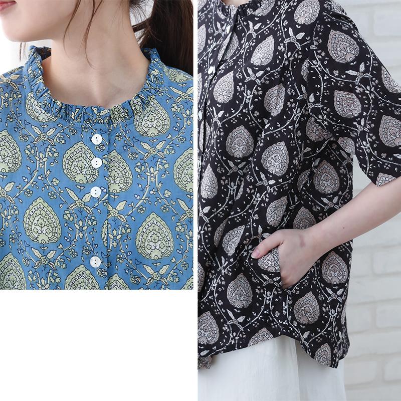 フリルブラウス 立ち襟 50代 レディース 五分袖 綿 春 夏 60代 70代 トップス プリント ファッション 服 indigo インディゴ プレゼント ギフト | indigo（ファッション） | 09