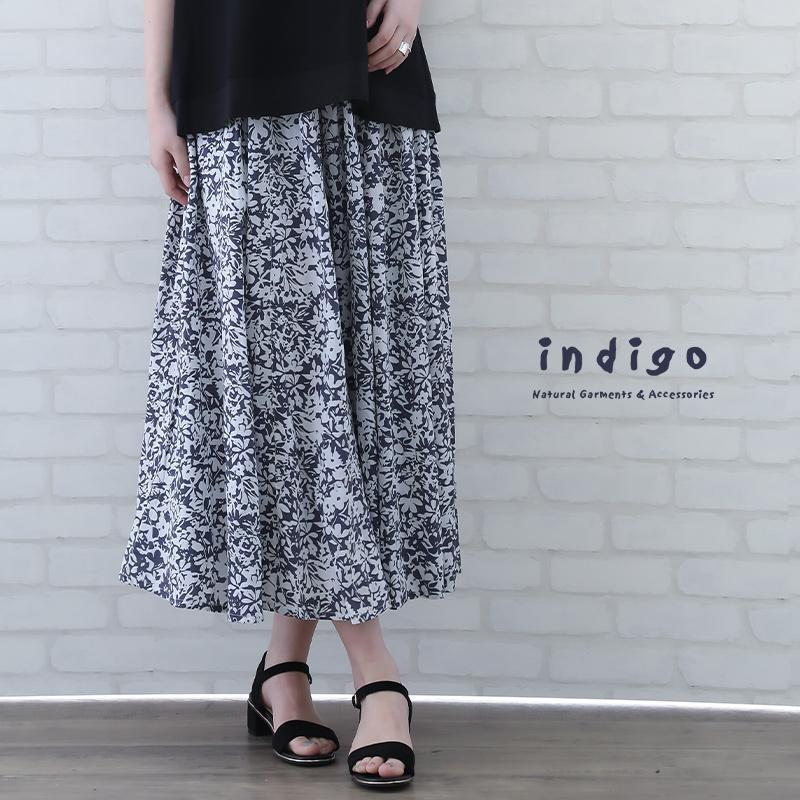 indigo スカート ロング 丈 夏 涼しい こもれび柄 ウエストゴム