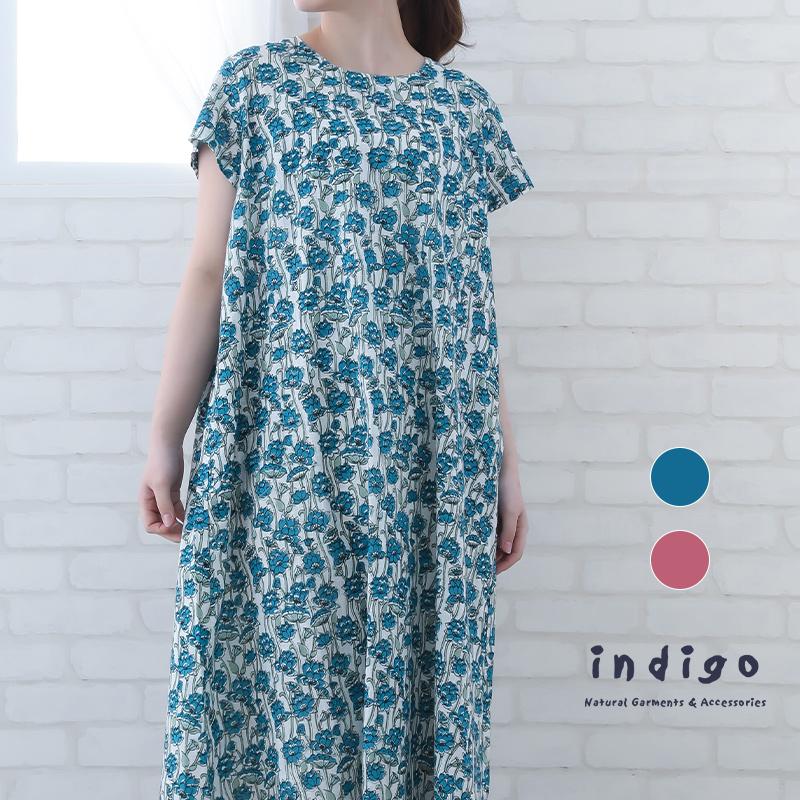 indigo ワンピース 半袖 レディース 膝丈 夏 花柄 40代 50代 Aライン