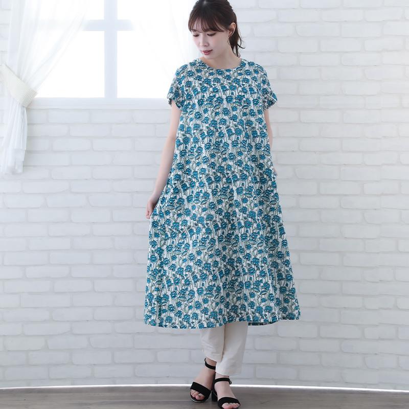 indigo ワンピース 半袖 レディース 膝丈 夏 花柄 40代 50代 Aライン