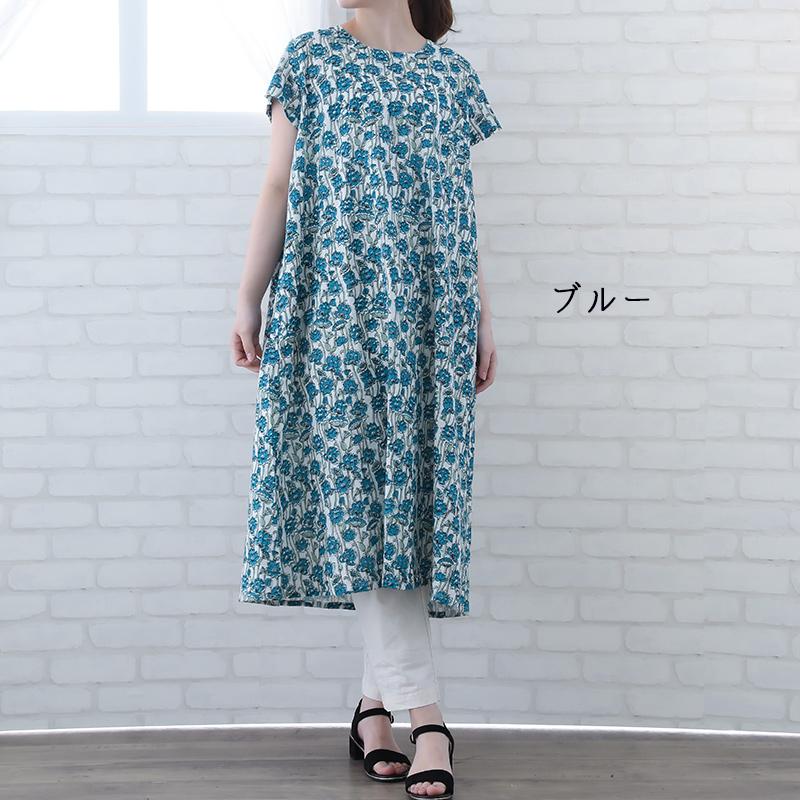 indigo ワンピース 半袖 レディース 膝丈 夏 花柄 40代 50代 Aライン 