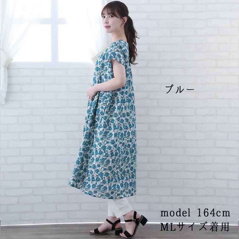 indigo ワンピース 半袖 レディース 膝丈 夏 花柄 40代 50代 Aライン