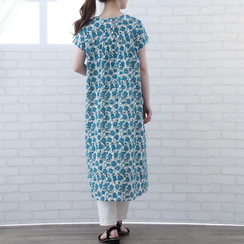 indigo ワンピース 半袖 レディース 膝丈 夏 花柄 40代 50代 Aライン