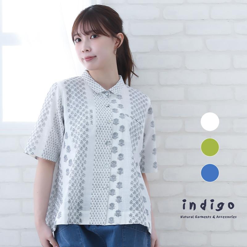 indigo ブラウス レディース 春 夏 5分袖 40代 50代 60代 花柄 ML 体型