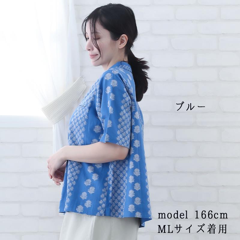 indigo ブラウス レディース 春 夏 5分袖 40代 50代 60代 花柄 ML 体型