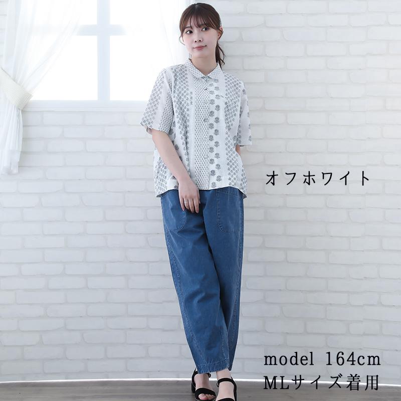 indigo ブラウス レディース 春 夏 5分袖 40代 50代 60代 花柄 ML 体型