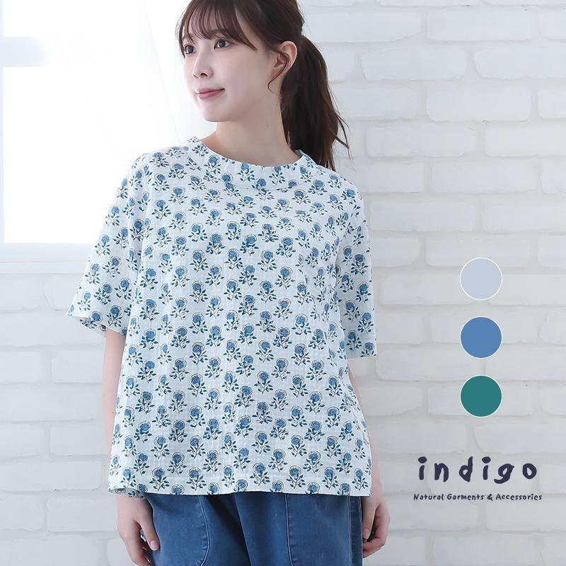 indigo ブラウス レディース 夏 花柄 バラ 半袖 5分袖 ゆったり 綿