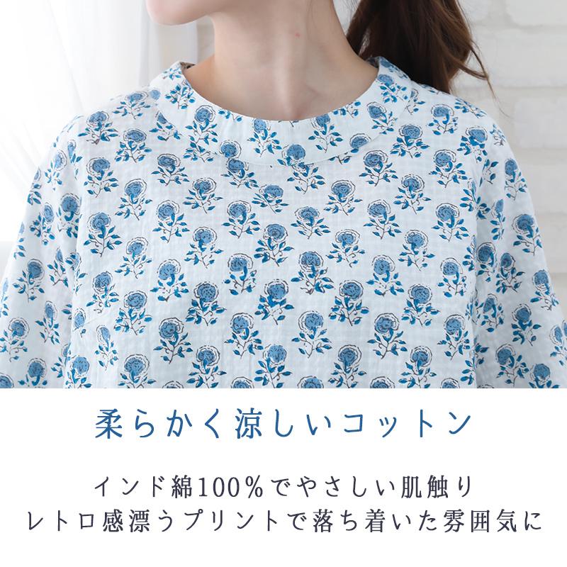 indigo ブラウス レディース 夏 花柄 バラ 半袖 5分袖 ゆったり 綿