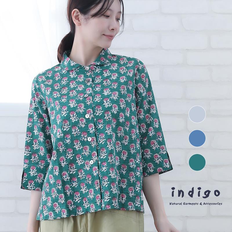 indigo ブラウス レディース 七分袖 40代 50代 春 夏 花柄 ゆったり