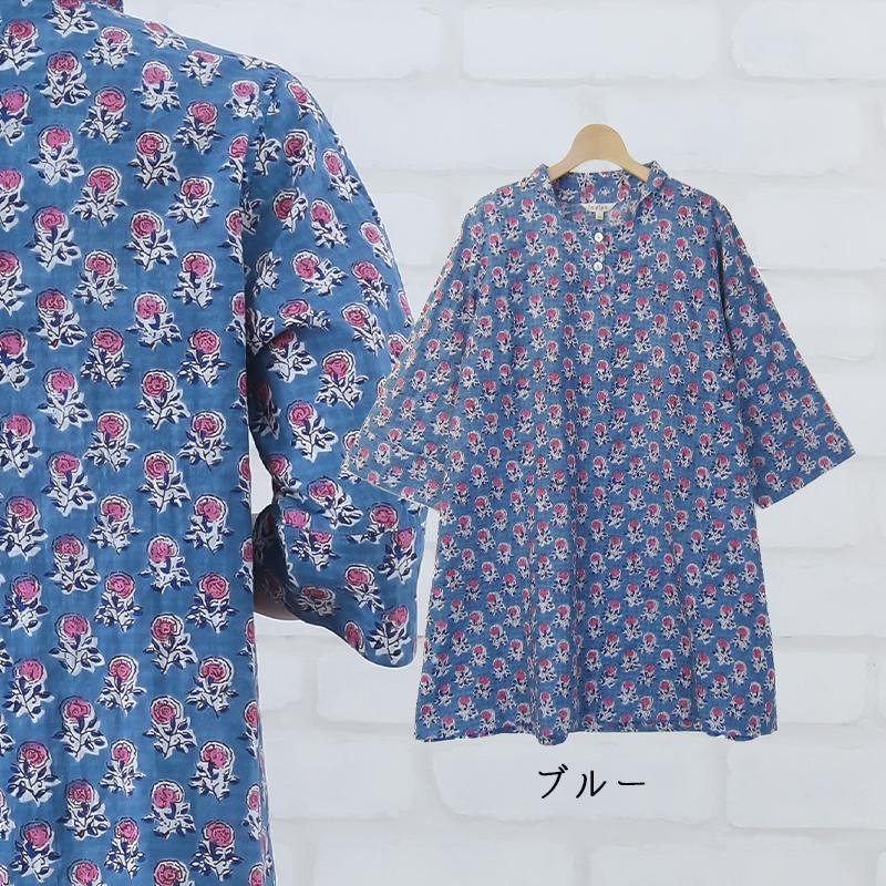 チュニック 50代 60代 レディース 春 夏 花柄 大人 かわいい 7分袖 Aライン インド綿 コットン トップス ミセス indigo インディゴ プレゼント ギフトの画像