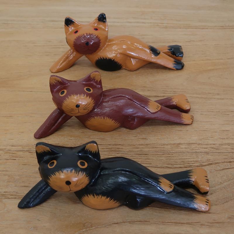 バリ猫 リラックス 20cm バリネコの木彫りの置物 ブラック【ネコの置物