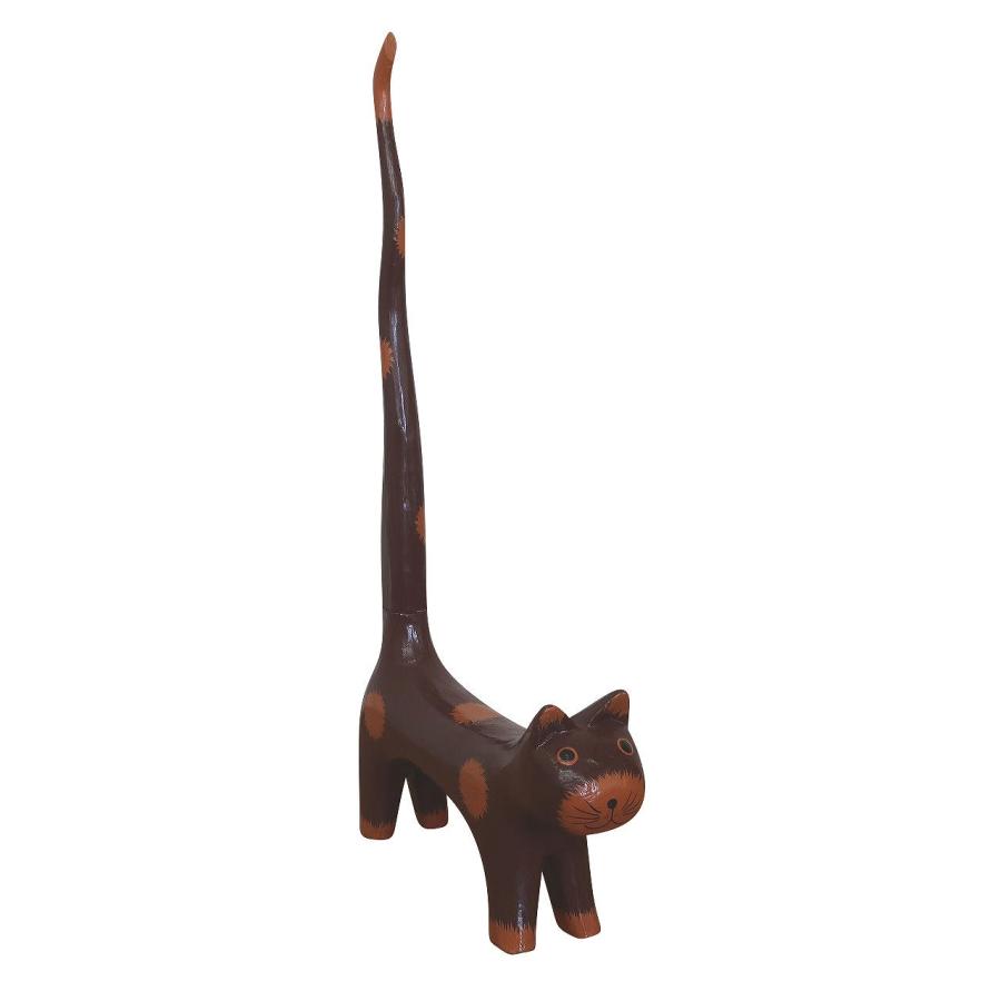 バリ猫 しっぽネコ 木彫りの置物 トイレットペーパーホルダー 評価 高品質新品 50cm YSA-010293 ブラウン 猫の置物 尻尾猫