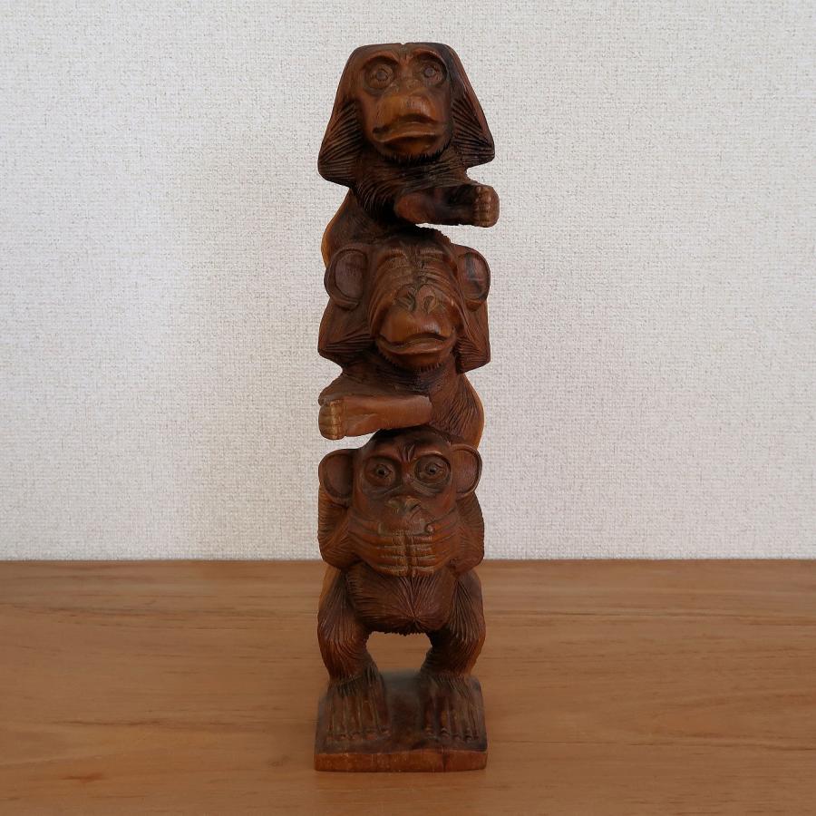 見ザル、聞かザル、言わザル 三猿の木彫りの置物 木製 スワール無垢材