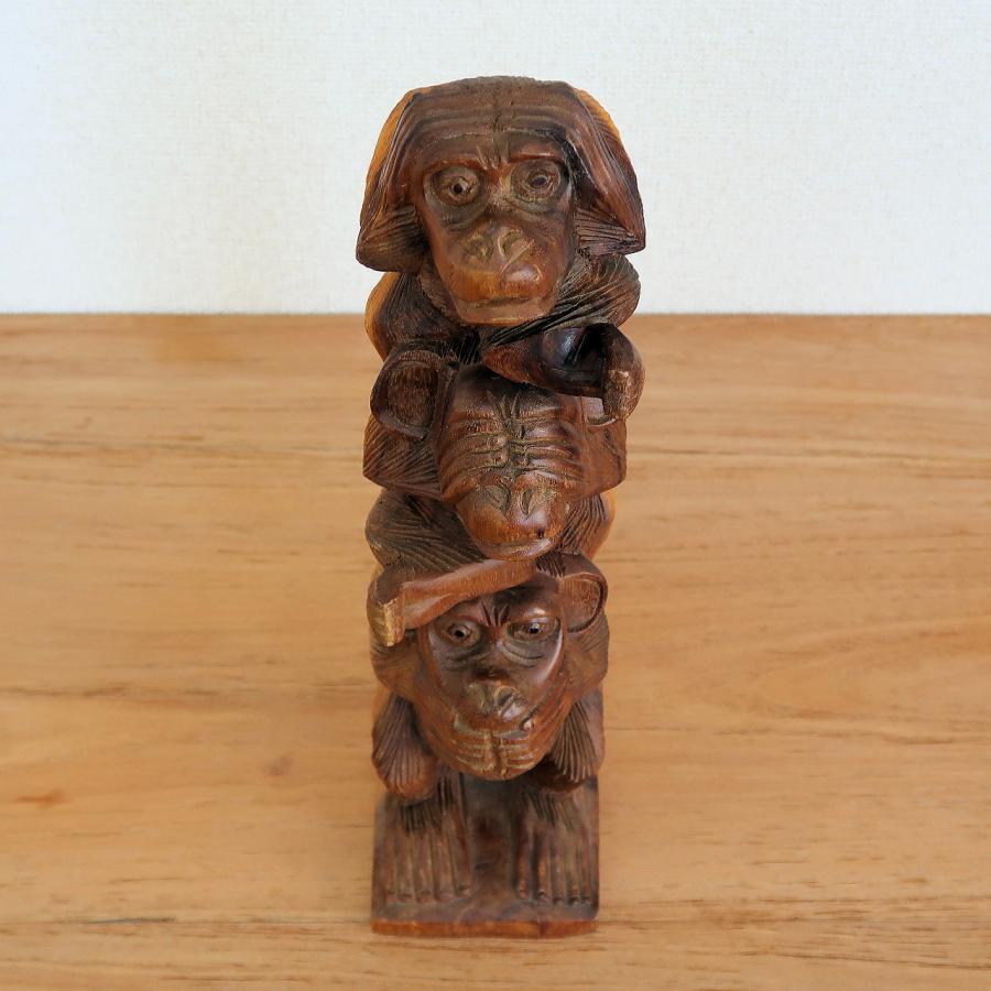 見ザル、聞かザル、言わザル 三猿の木彫りの置物 木製 スワール無垢材