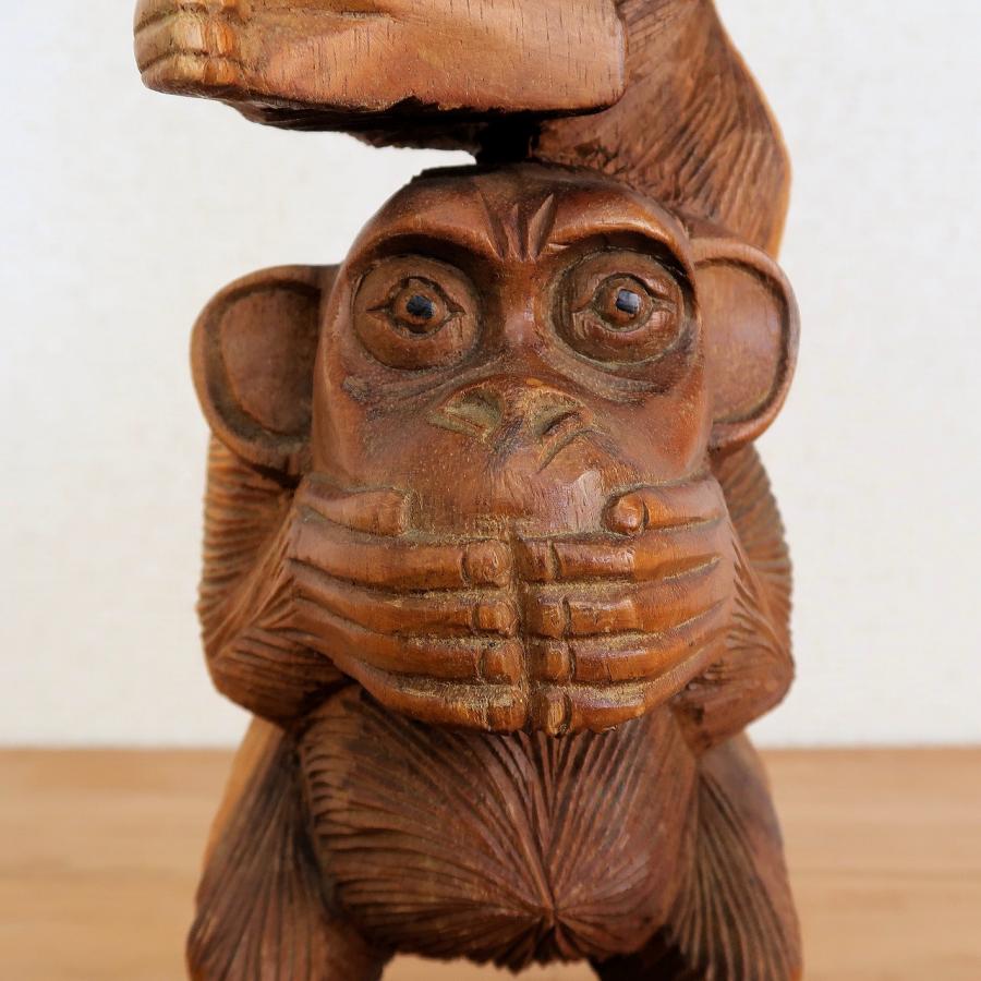 見ザル、聞かザル、言わザル 三猿の木彫りの置物 木製 スワール無垢材