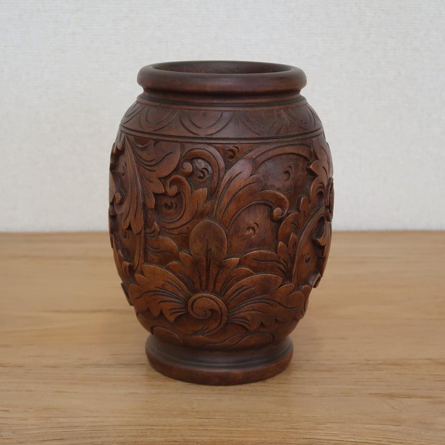 木彫りのフラワーベース マホガニー材 17X24 花瓶 壺 木彫り彫刻 木製