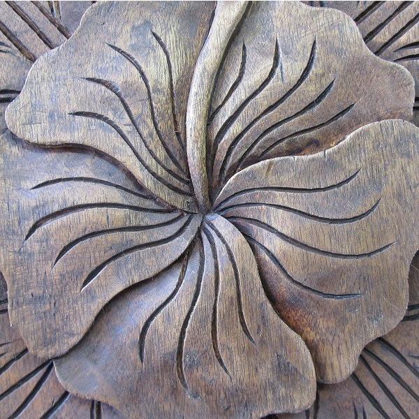 ハイビスカス木彫りの壁掛けレリーフ 23X23 リゾートインテリア 