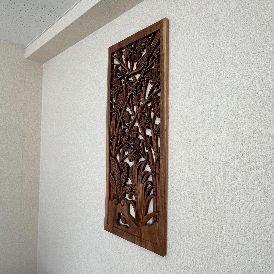 鳥の木彫りの壁掛けレリーフ 39X100 スワール無垢材 木彫り彫刻 壁飾り