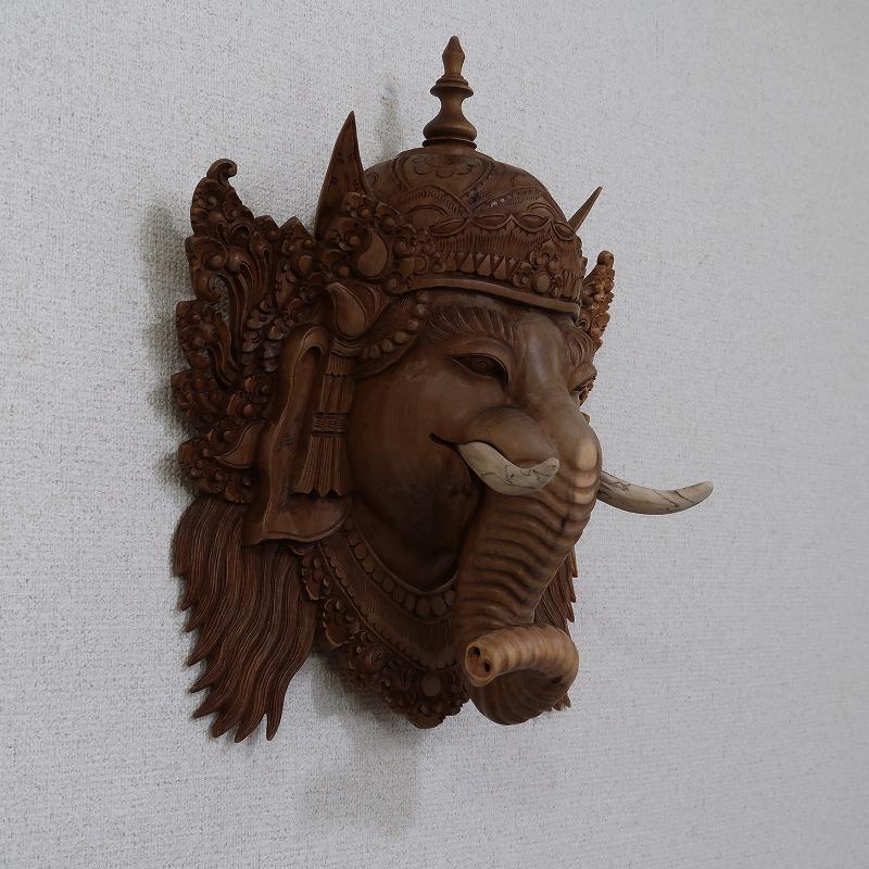 ガネーシャのお面 35X18X40 アカシア無垢材 木彫りレリーフ 木製