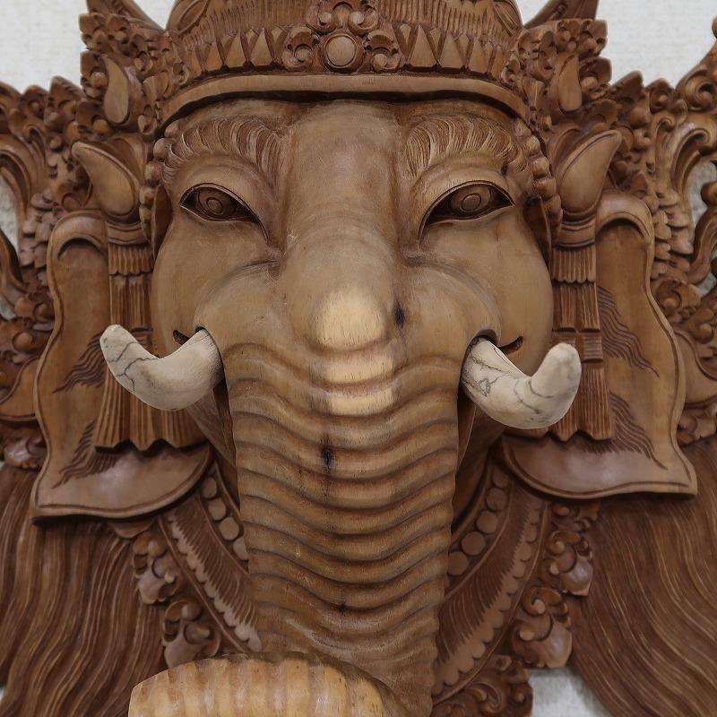 ガネーシャのお面 35X18X40 アカシア無垢材 木彫りレリーフ 木製