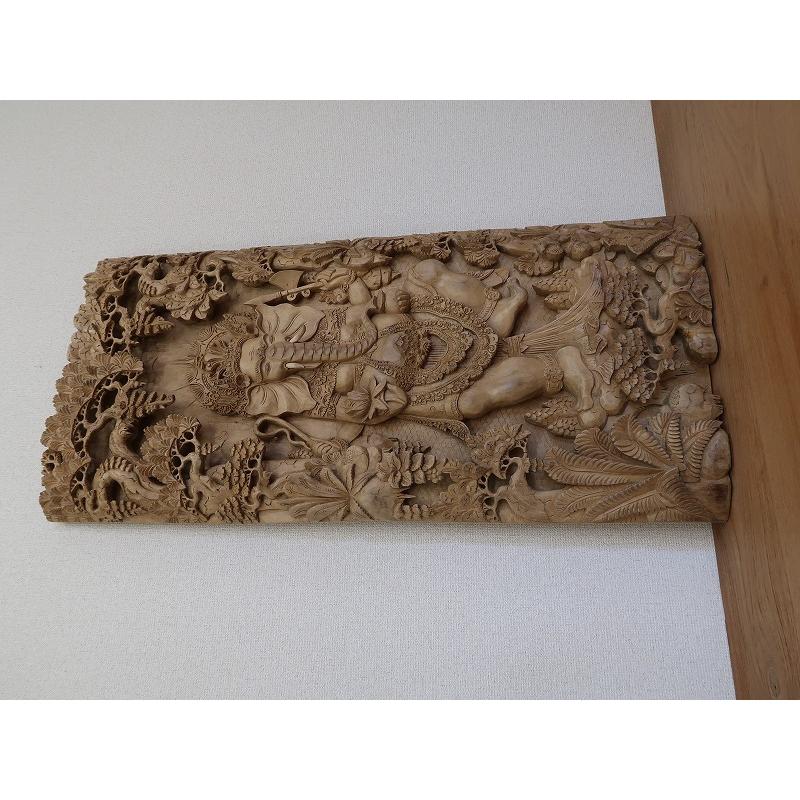 ガネーシャ木彫りのレリーフ 47X98 カパランウッド無垢材【木彫り彫刻 壁掛け ウッドレリーフ】YSA-050555