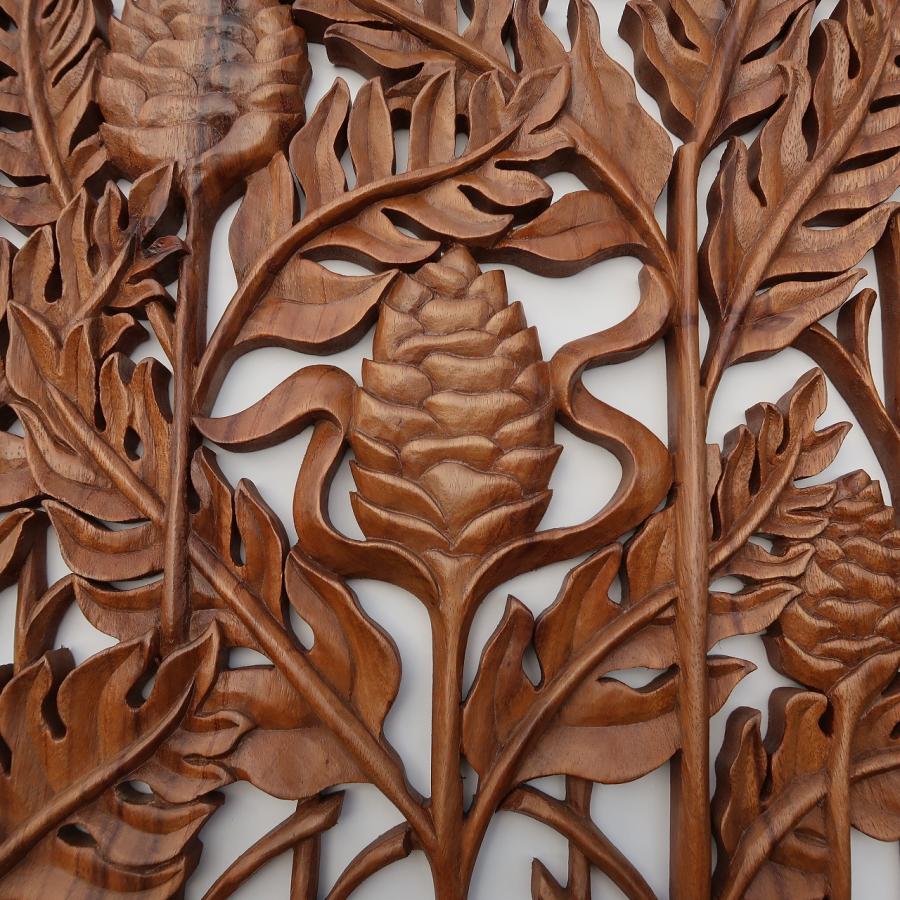 ジンジャー＆モンステラ 木彫りの壁掛けレリーフ 40X40 スワール