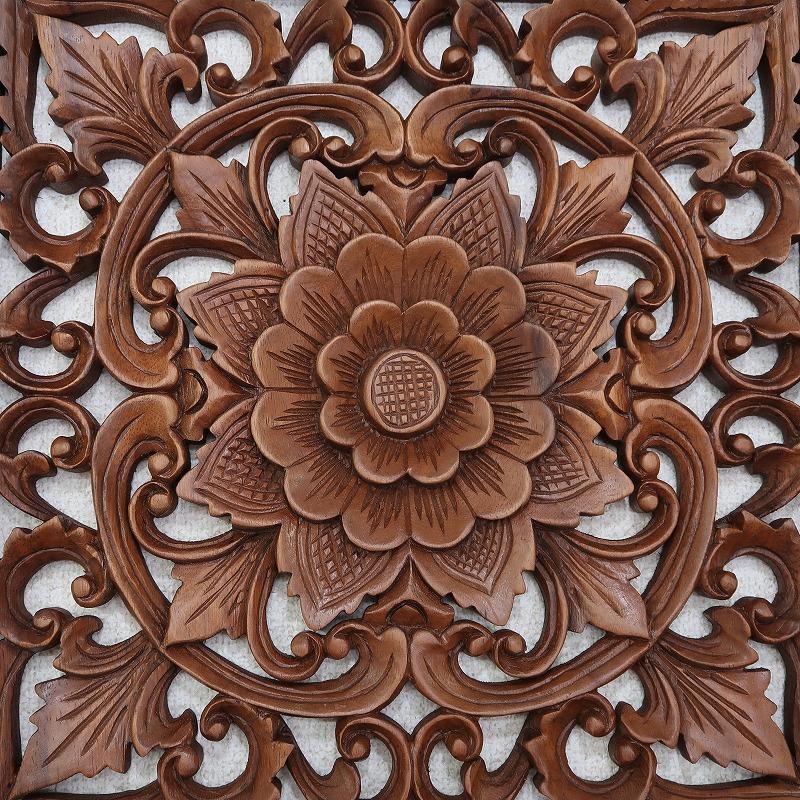 花の木彫りの壁掛けレリーフ 40X40 スワール無垢材 【壁掛け