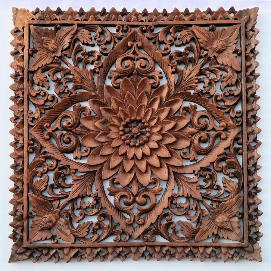 花の木彫りの壁掛けレリーフ 50X50 スワール無垢材 壁掛け 花の木彫りの壁掛けレリーフ 50X50 スワール無垢材 壁掛け