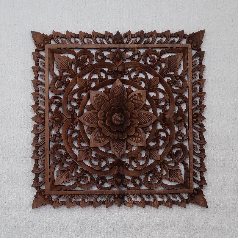 花の木彫りの壁掛けレリーフ 60X60 スワール無垢材 【壁掛け