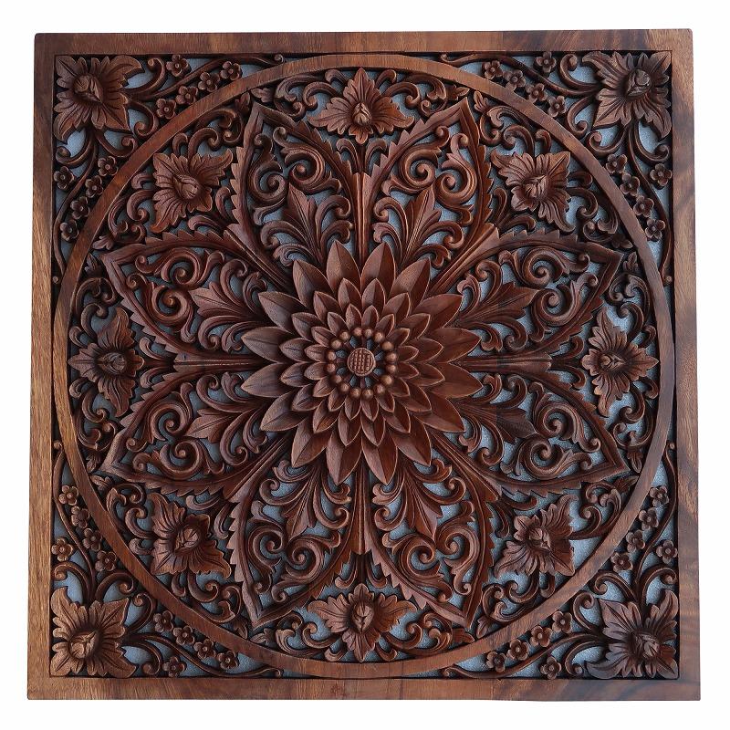 花の木彫りの壁掛けレリーフ 60X60 スワール無垢材 【壁掛け