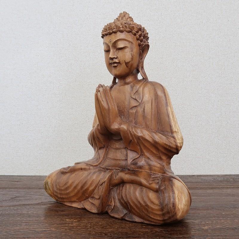 ブッダの木彫り 32cm 合掌 座像 スワール無垢材 木製仏像 仏陀置物