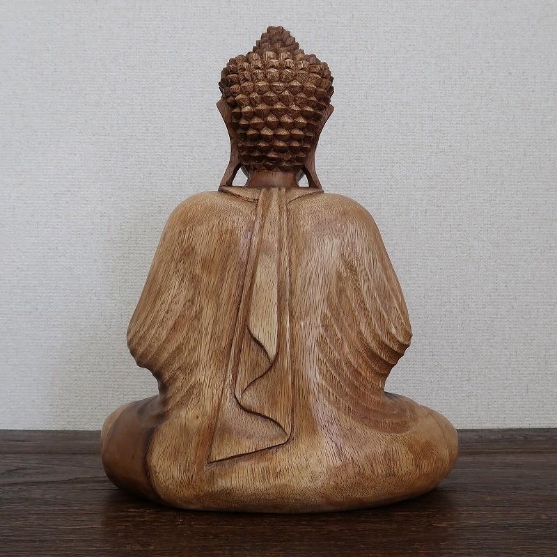 ブッダの木彫り 32cm 合掌 座像 スワール無垢材 木製仏像 仏陀