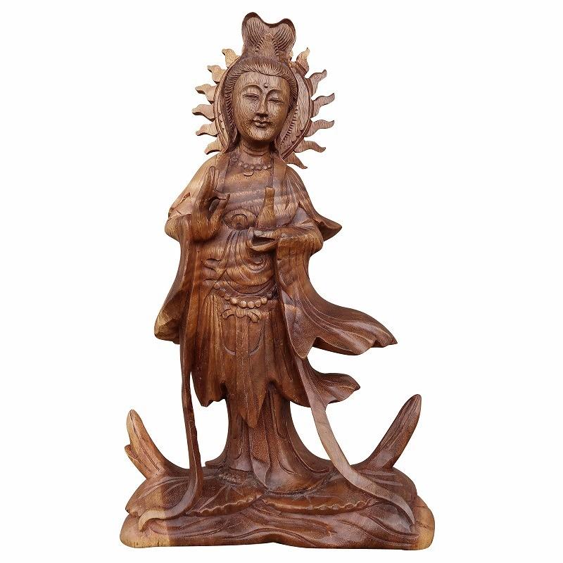 観音菩薩の木彫り彫刻 クァンイン 木製 スワール無垢材 44cm 釈迦 仏像 