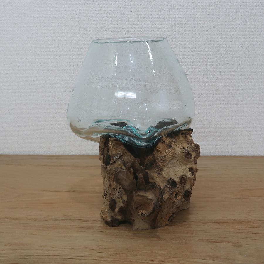 睡蓮鉢　フラワーベース 溶けたガラス＆天然木 の花瓶 フラワーベース Mサイズ 流木風 睡蓮鉢