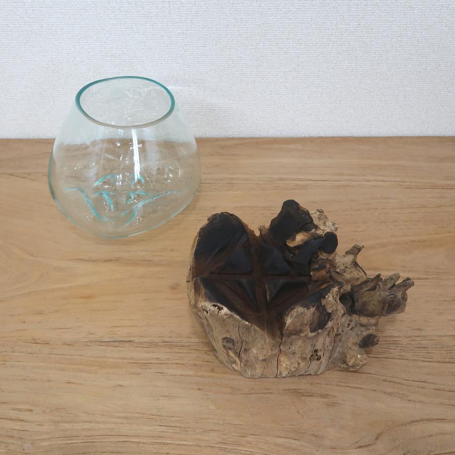 溶けたガラス＆天然木 の花瓶 フラワーベース Mサイズ 流木風 睡蓮鉢