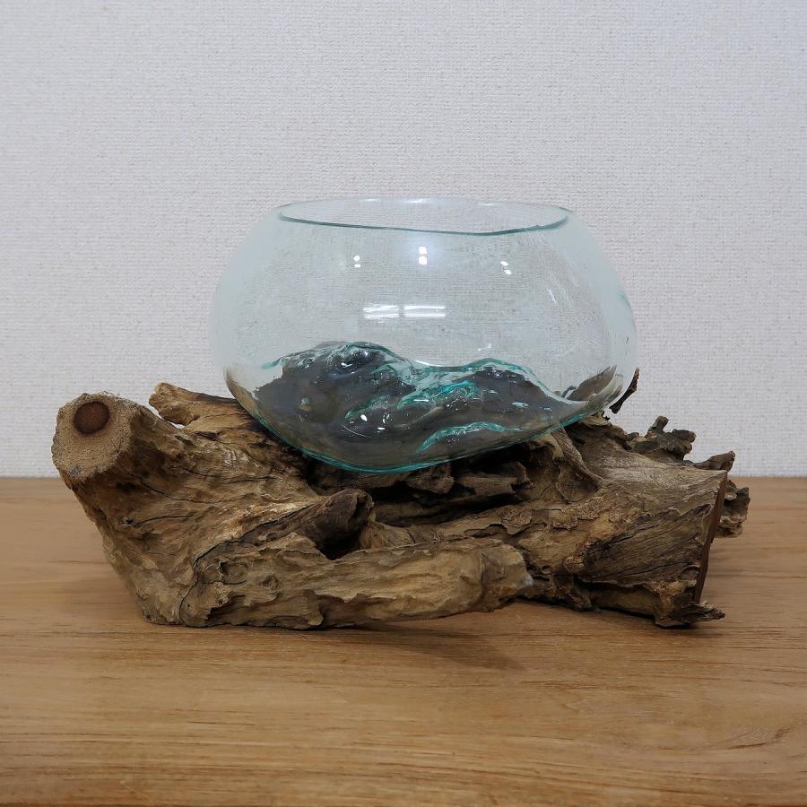 溶けたガラス＆天然木 の花瓶 フラワーベース Lサイズ 流木風 睡蓮鉢