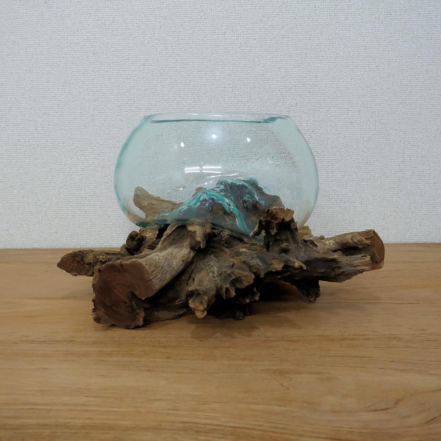 溶けたガラス＆天然木 の花瓶 フラワーベース Lサイズ 流木風 睡蓮鉢