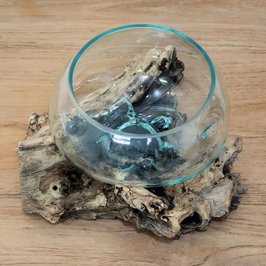 溶けたガラス＆天然木 の花瓶 フラワーベース Lサイズ 流木風 睡蓮鉢