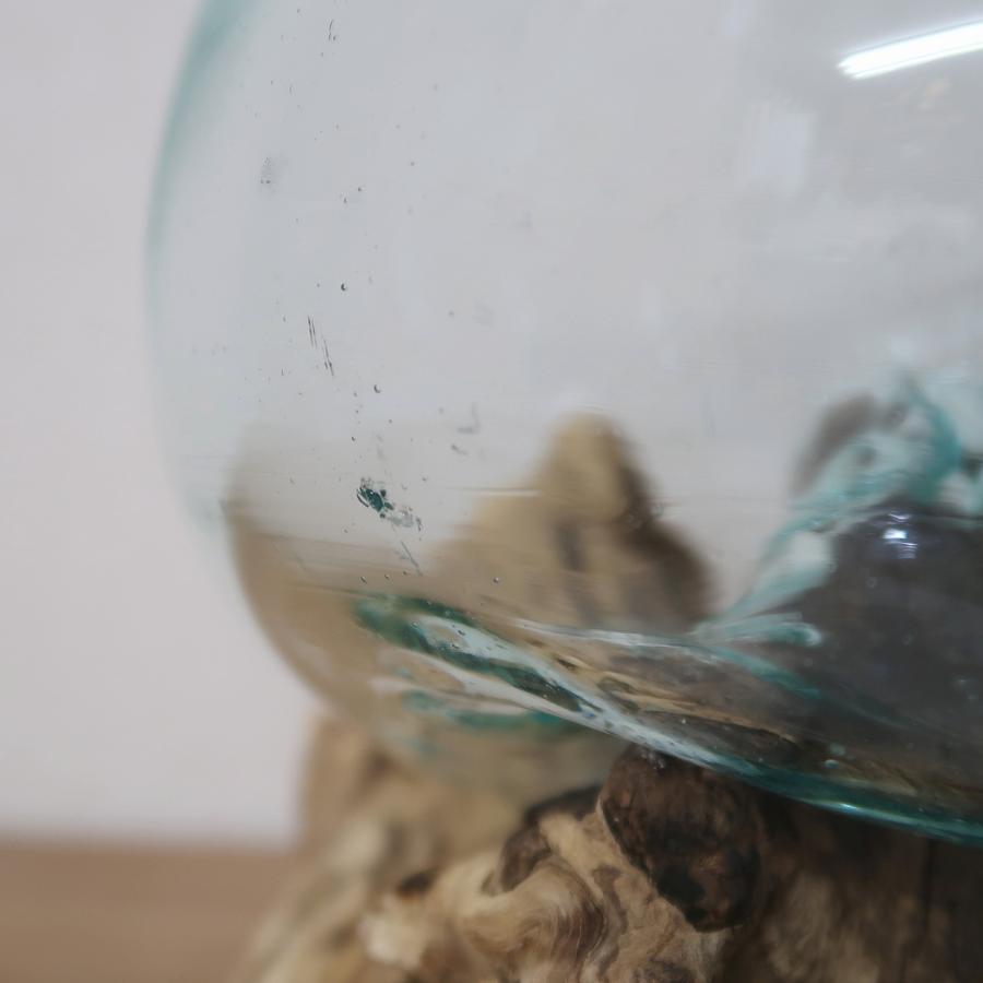 溶けたガラス＆天然木 の花瓶 フラワーベース Lサイズ 流木風 睡蓮鉢