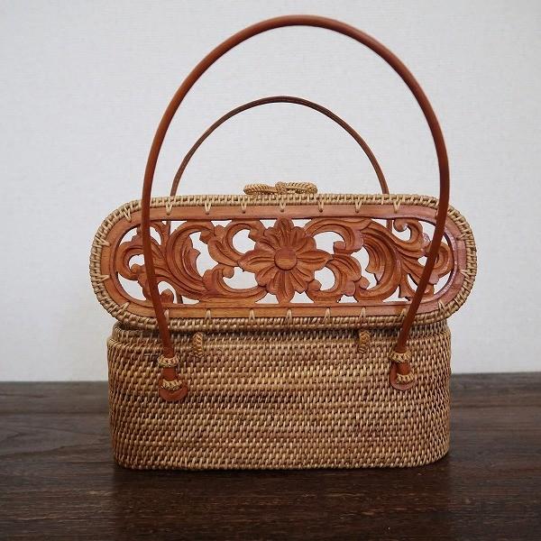 アタバッグ 木彫りの蓋付き ハンドバッグ 11cm カゴバッグ かごバッグ