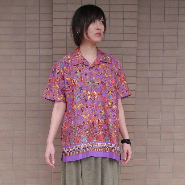 バティックシャツ コットン半袖シャツ シンガポール パープル ユニ 