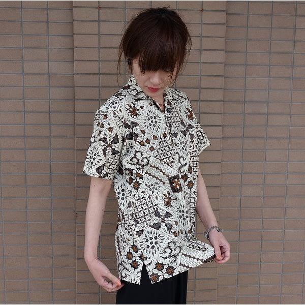 バティックシャツ 半袖シャツ コットン クリーム＆ブラウン  