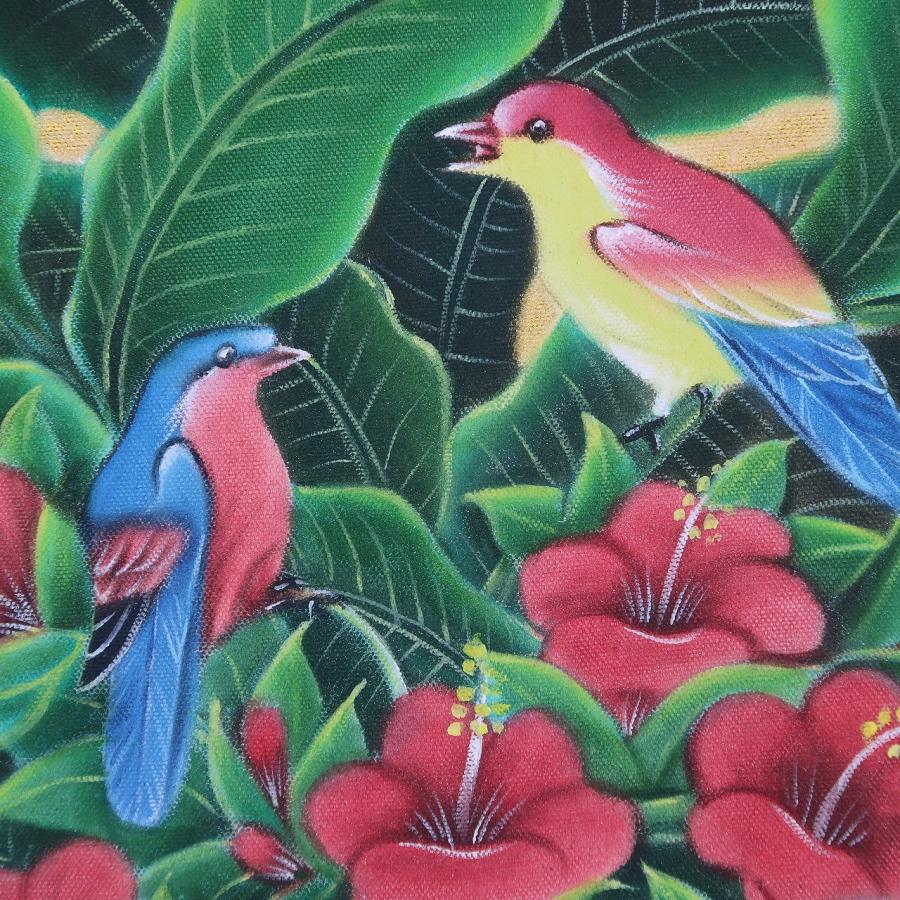 2匹の鳥とハイビスカスの絵 ブンゴセカンスタイル 52X42 ハワイアン 
