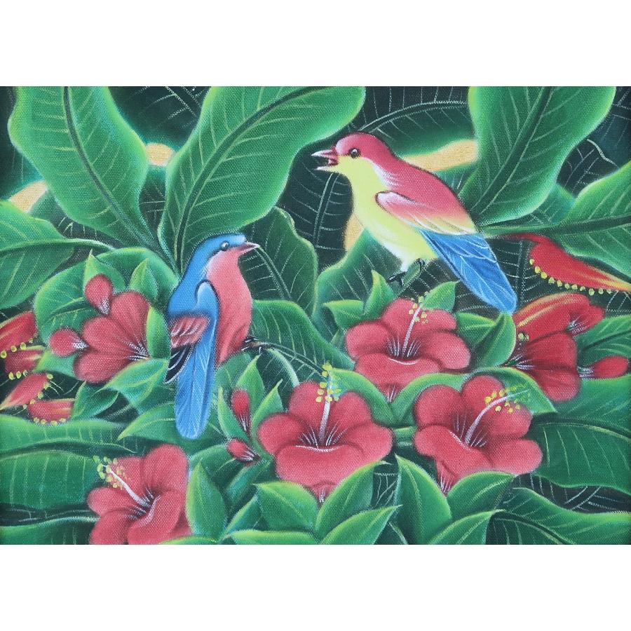 2匹の鳥とハイビスカスの絵 ブンゴセカンスタイル 52X42 ハワイアン 