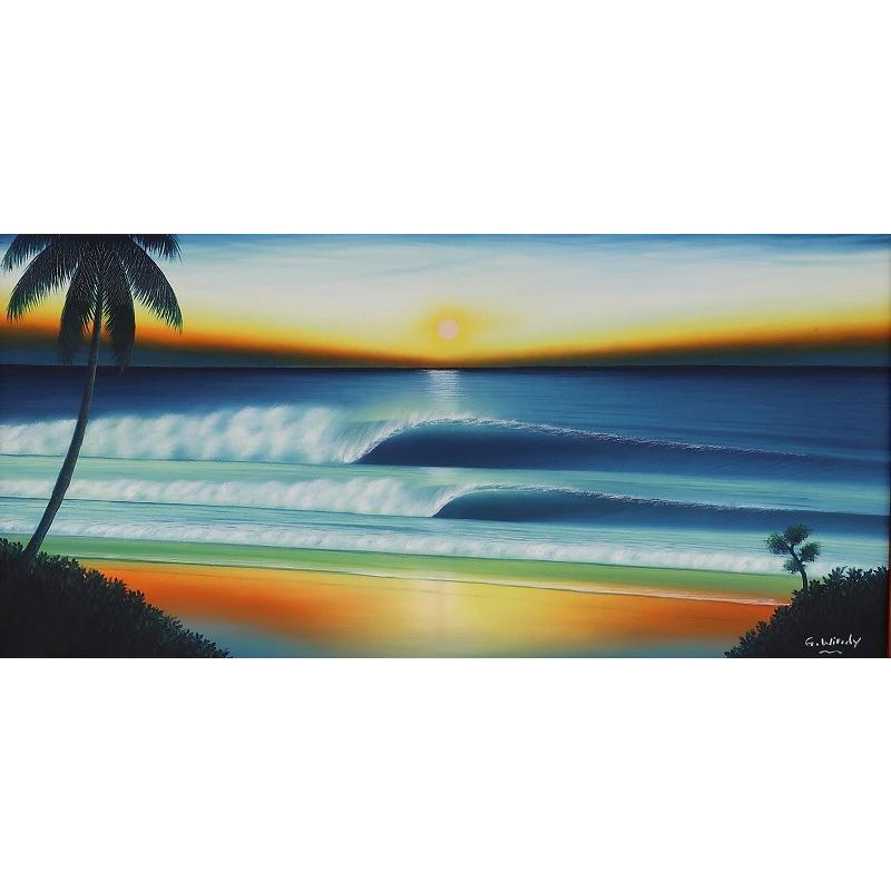 Goes Windy作 波の絵 約100×59cm バリ絵画 夕日 海 ビーチ 波の絵 Goes Windy作 夕日の波とビーチ 100X59 【 バリ絵画 サーフィン