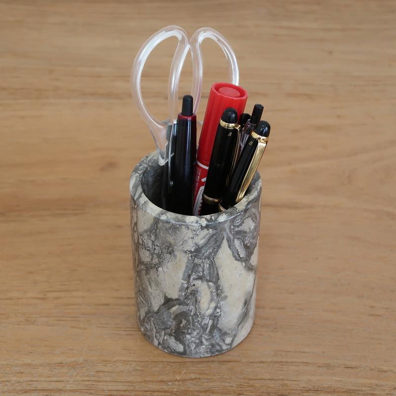 天然大理石 マーブルグレイ ペン立て 直径7.5cmX高さ11cm 筆記用具入れ