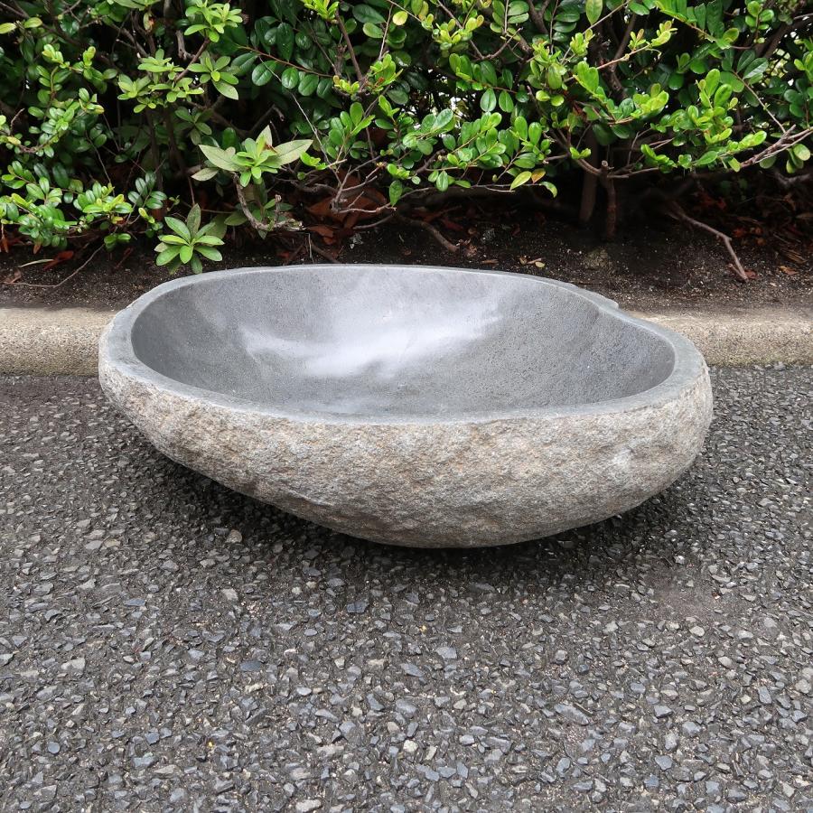 天然石をくり抜いた手水鉢 リバーストーン 砂利 石 枕木 Lサイズ 41x40 つくばい 睡蓮